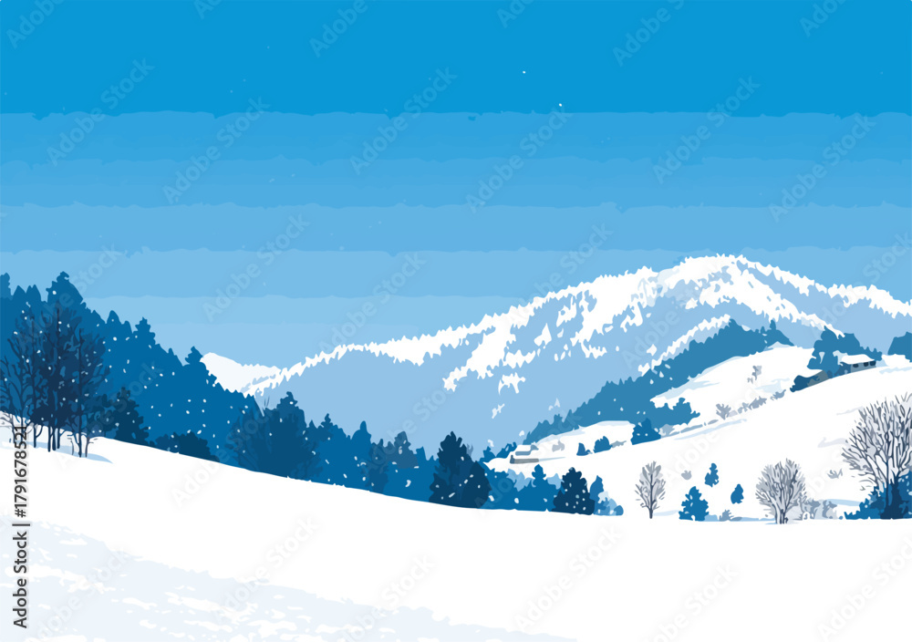 雪景色と山々、田舎の家々、冬の風景のベクターイラストレーション。澄んだ青空と雪が舞う。 Stock Vector | Adobe Stock