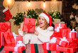 © be free - Festive mood. Gift shop. Happy woman and bunch of gifts boxes. December happy moments. Girl ready for celebration. Gifts integral part of new year celebration. Beautiful wrapped gifts. Xmas concept