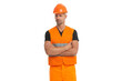 © be free - Supervisor or worker man. Man construction worker. Workman isolated on white. Man builder engineer. Construction builder. Labor day. Civil engineer man. Repairman in uniform