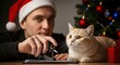 © MT - Young Caucasian man in Santa hat writing a Christmas list with his pet cat next to a decorated holiday tree and gift box, festive season.