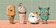 ©  Sheton - 귀여운 몬스터와 아이스크림, 음료수가 함께 모여 즐거운 시간을 보내는 모습