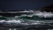 © Sylvia - Ocean waves crashing against a dark rocky coastline with a stormy sky. travel magazines, destination branding, designed for outdoor magazines and nature guides.