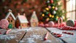 © Pete - Christmas scene with gingerbread houses, candy canes, and a tree. Wooden table dusted with snow, ideal for holiday product displays. Cozy festive atmosphere for winter.