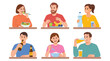 © Vector Gallery - Healthy lifestyle versus unhealthy eating habits vector set featuring people with fruits, salads, drinks, and junk food for wellness and nutrition illustrations.