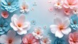 © Pete - Paper flowers in soft pastel white, blue, pink colors. Delicate blooms artfully arranged on smooth gradient background. Creates gentle, creative, beautiful, artistic floral pattern for elegant decor.