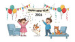 © Jannat - New Year's Celebration: A delightful illustration captures the essence of a joyous New Year celebration, featuring animated children, a playful puppy, a cozy kitten, and festive decorations.