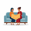 © Hilmihib - Two smiling women discussing a yellow fabric on a couch, possibly for sewing or home decor