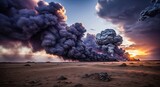Dramatic desert landscape with billowing smoke clouds at sunset, a stunning scene conveying power, environmental change, and the beauty of nature's force