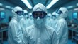 © Pete - Workers in clean room suits stand in a sterile facility. People in protective gear operate advanced tech machines. Blue light illuminates cleanroom environment and scientific research.