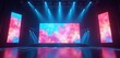 © Pete - Empty pro stage setup features multiple huge glowing LED screens. Dynamic abstract colorful cloud patterns display on bright digital video panels. Intense blue spotlights beam down, creating vibrant
