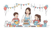 © FARHANA - Baking Family: a mother and two children creating joy with a baking project. This illustration shows a loving family, building happiness through this delightful culinary activity.