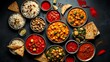 © shamim - Overhead view of a vibrant Indian food spread with curries rice and naan cuisine curry