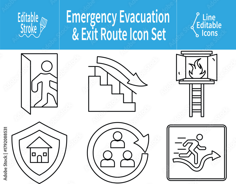 Emergency Evacuation and Exit Route Line Icons featuring running person ...