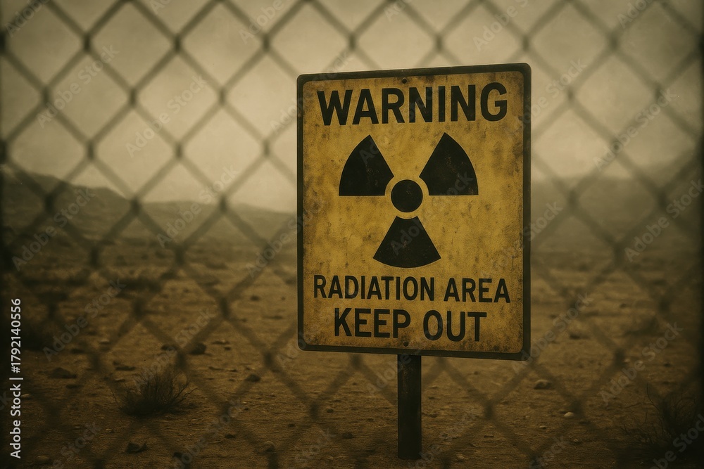 Weathered warning sign in a desolate landscape indicating radiation ...