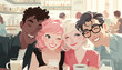 © Hmen - Grupo diverso de amigos sonriendo y tomándose una selfie en una cafetería acogedora.