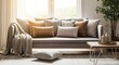 © Nina - Comfortable Modern Sofa with Decorative Pillows and Blanket in Cozy Living Room Setting