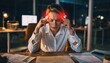 © AiStock B - Woman suffering from headache at work late at night stress burnout fatigue migraine pain focus