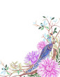 © HoyaBouquet - Watercolor floral vintage Illustration background with eastern indian japanese blossom flowers bouquet peacock