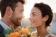 © Luiri Art - Romantic couple smiling at each other at sunset on their wedding day, holding a bouquet of orange roses, dressed in casual wedding attire with natural light creating a soft and dreamy mood