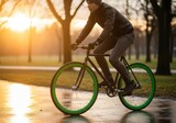 Man riding a bicycle with green wheels in a park at sunset