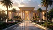 © mim232 - A grand and luxurious architectural masterpiece, featuring elegant modern design with marble facades, golden details, large glass windows, and a wide entrance with majestic pillars.