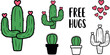 © DesignVectX - Cute cartoon cactus characters with hearts and free hugs text vector illustration for playful design and decoration