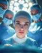 © Kowit - A focused female surgeon in scrubs surrounded by colleagues in a surgical setting, highlighting a moment of concentration during an operation.