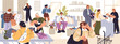 © Paper Trident - People are in fashion store. Buyers are shopping in mass market. Customers try accessories, apparels in dressing room, choose and buy stylish clothes on counter with seller. Flat vector illustration.