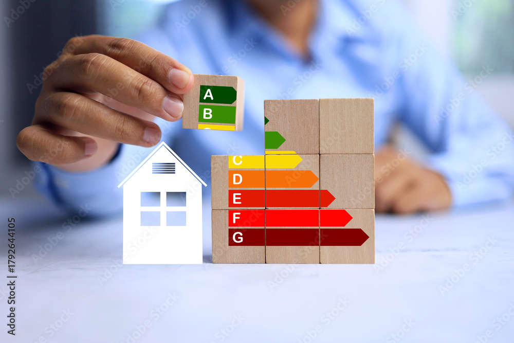 Rating Indication energy efficiency rating labelling concept with a man arrange wooden ...