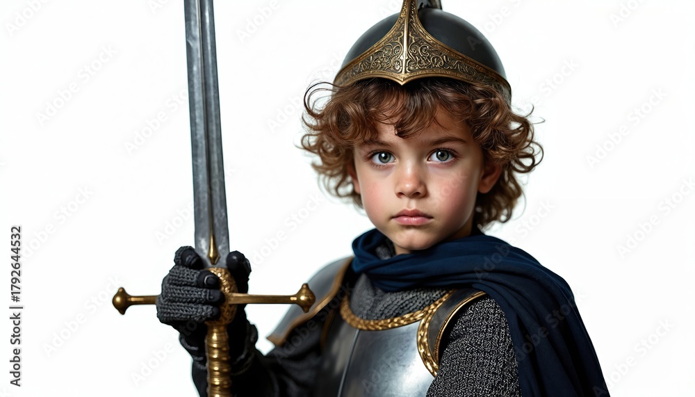 Young child dressed as medieval knight holds sword. Boy wears armor and ...