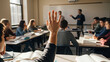 © OlgaNeuroArt - A student raises their hand to ask a question during a university lecture. Young person actively participating in a college class with a professor teaching in the background
