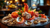 Luxurious seafood platter with lobster shrimp and oysters on ice garnished with parsley and lemon.