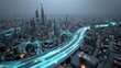 © Lianlian Liang - Futuristic smart city concept with glowing data streams on a highway. 3D illustration background for network, big data, and high-tech transportation.