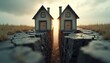 © Viktor - Two houses sit atop cracked ground separated by deep chasm. Homes face. Metaphor for division, divorce, separation, property split, family breakdown, real estate issues. Symbol for conflict,