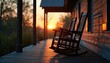 © Viktor - Two wooden rocking chairs stand on porch in evening sunlight. Cozy scene evokes feelings of peace, relaxation, comfort. Country home with sunset landscape view creates tranquil ambiance. Warm light