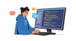 © GedhangKlutuk - Young female programmer coding on a desktop computer illustration. Flat Vector Illustrations. EPS Editable