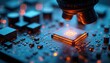 © Viktor - Microscope views a glowing computer chip on a blue circuit board. Tiny components and illuminated lines show complex tech detail. Digital data transfer and micro electronics.