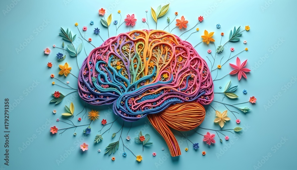 Artistic illustration of human brain with colorful paper art. Brain is ...