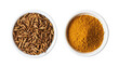 © Zu - Two white oval bowls of cumin seeds and ground cumin isolated on transparent background