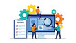 © MD SHAHAJALAL - Software Quality Assurance and Website Testing Team: Flat Design Vector Illustration of People Working on Computer Screen, Checklist, and Gears for Bug Fixing and Optimization