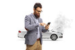 © Ljupco Smokovski - Annoyed bearded man with car problem typing on a mobile phone