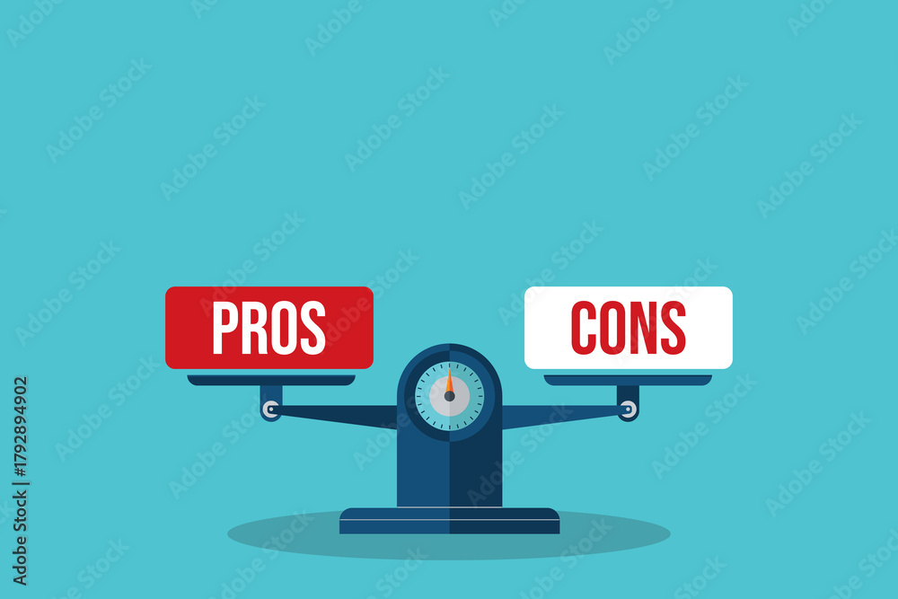 The words pros and cons balanced on a seesaw. Comparing positive ...