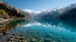 © sungedi - Pristine glacial lake reflects snow capped mountains under a clear bright sky
