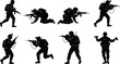 © Ideasy Mind - Armed soldier silhouettes, tactical combat poses, black vector figures, military gear detail, defense movement study, minimal design, battlefield concept, warfare art