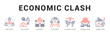 © Mia - Economic Clash Modern and clean web banner illustration featuring thematic icons for visual communication
