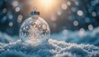 © AMZi StudiO - Clear glass christmas ornament with snowflake design resting in fresh snow against a warm bokeh background