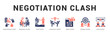 © Mia - Negotiation Clash Modern and clean web banner illustration featuring thematic icons for visual communication