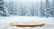 © fatema202 - Wooden Round Serving Board in Snowy Winter Forest Background with Snowflakes