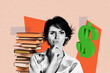 © deagreez - Banner 3d art poster image collage of minded businesswoman think book payment dollar capital money student bookworm hobby