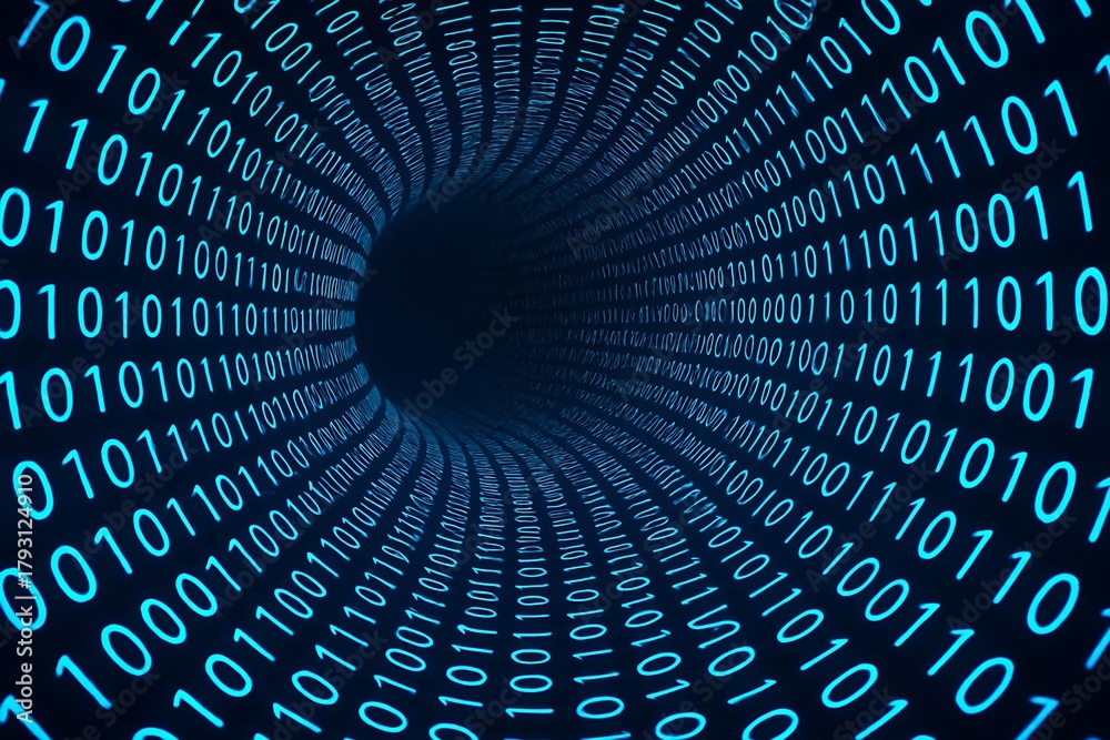 Futuristic blue binary code tunnel with glowing 0s and 1s swirling into ...
